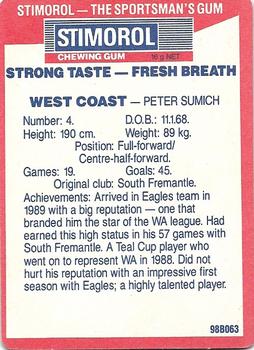 1990 AFL Scanlens Stimorol #122 Peter Sumich Back